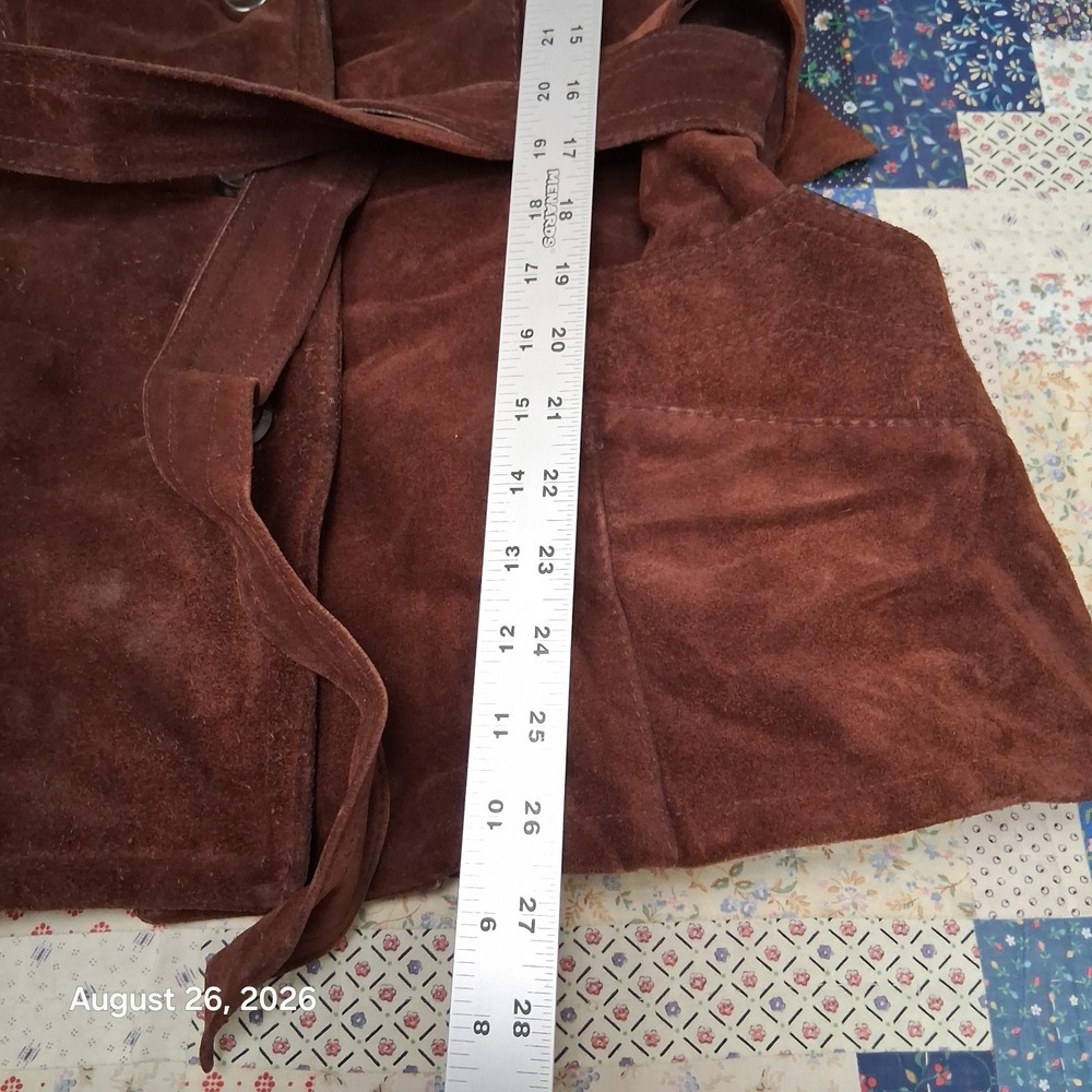 * Vintage 70s Brown Suede Leather Belted Jacket Coat Womens Small Boho Argentina - Picture 9 of 10